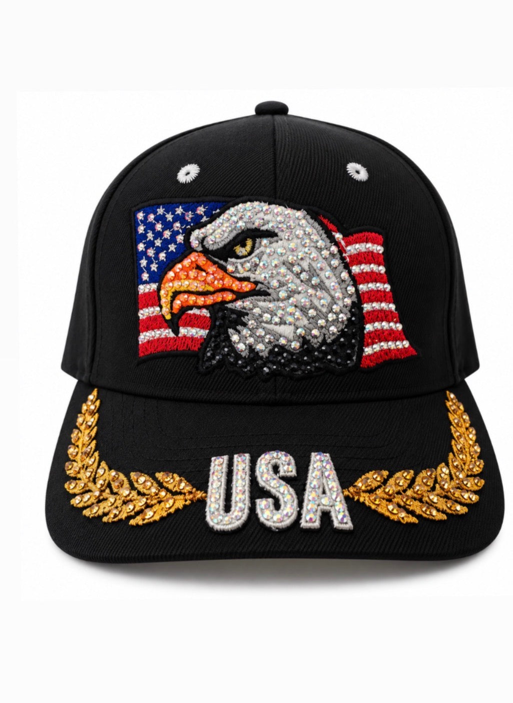 Black USA crystal embellished cap with eagle and gold detailing